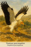 Un Neophron percnopterus (Vautour percnopt�re) en plein vol au-dessus d�un paysage aride et rocheux typique de son habitat naturel, avec des falaises en arri�re-plan et un ciel bleu clair. Le vautour est vu de profil, ailes d�ploy�es, avec son plumage blanc et noir distinctif et son visage jaune vif bien visible. En bas de l�image, les noms 'Vautour percnopt�re' et 'Neophron percnopterus' sont inscrits en lettres �l�gantes.