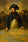 Napoléon Bonaparte couronné empereur, dirigeant la Grande Armée victorieuse à Austerlitz, entouré de cartes et symboles de la Confédération du Rhin, montrant l’Europe remodelée sous son autorité impériale
